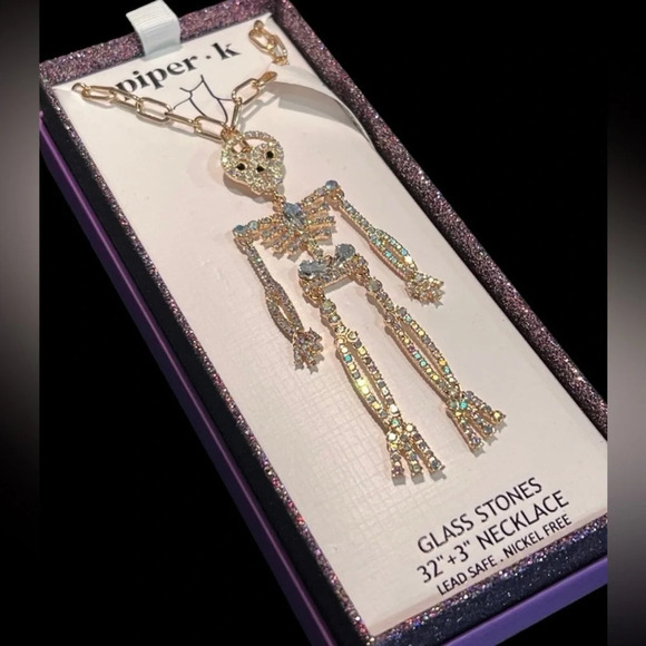 PIPER K Halloween Articulated 32” Glass Stone Crystal Skeleton Necklace NEW NWT - Picture 6 of 8